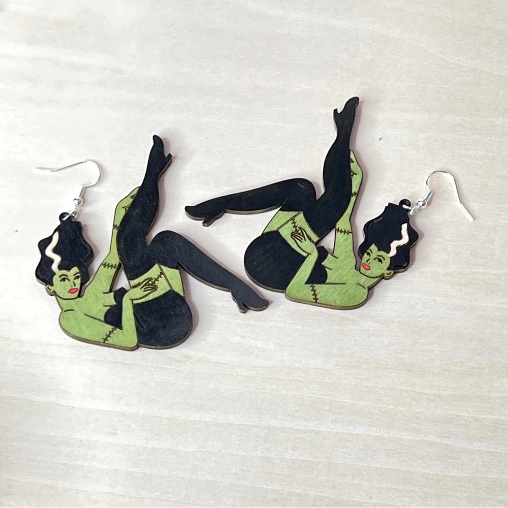 Bride Of Frankenstein Earrings - Halloween Pinup Lady In Monster Costume - Picture 2 of 6